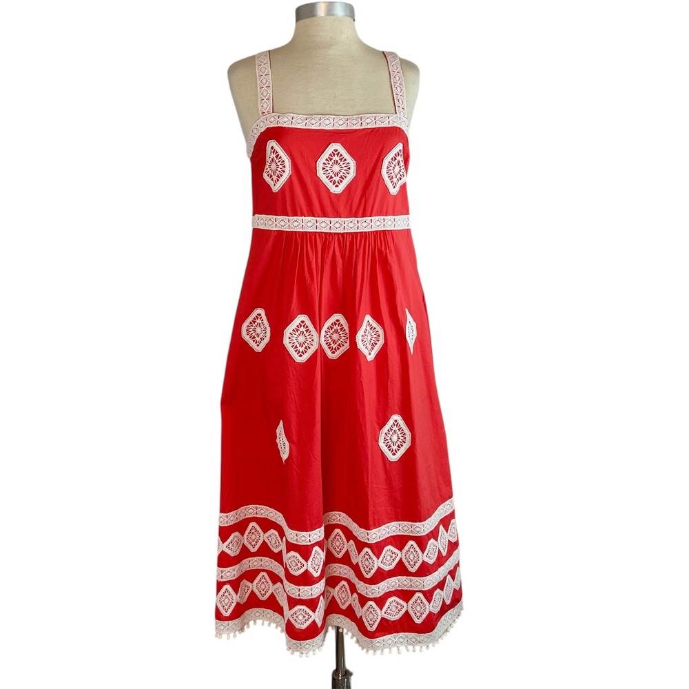 Tyler Boe Candie Midi‎ Dress Red White Embroidered Cotton Boho Vacation Resort